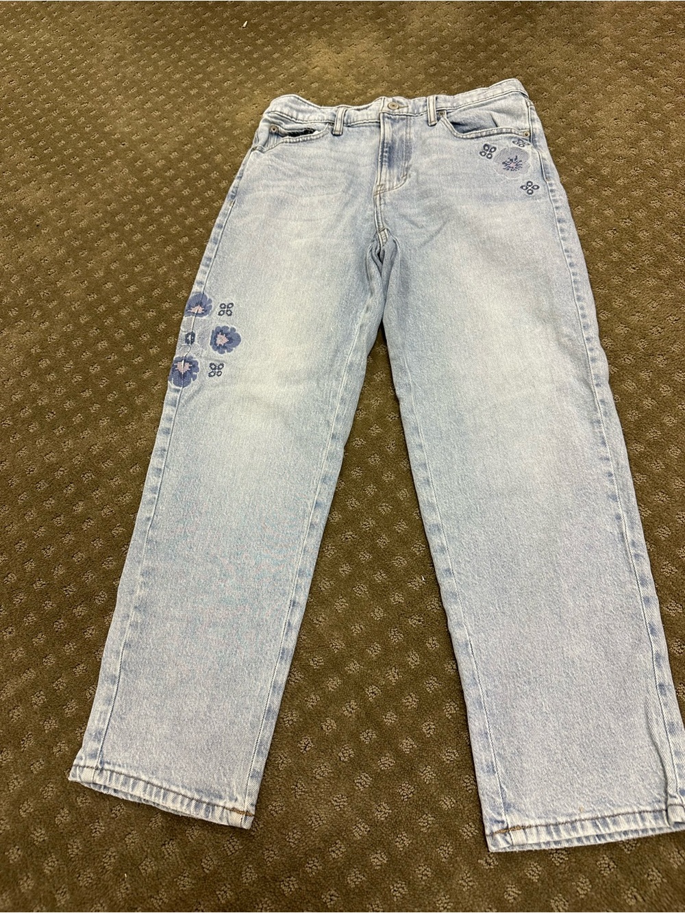 Lucky Brand Light Blue Straight Leg Jeans with Blue Floral Embroidery